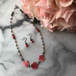 Hand Made Coral Beaded Necklace & Earring Set